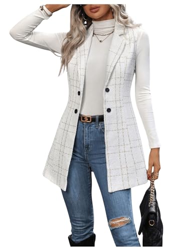 GORGLITTER Women's Tweed Plaid Long Blazer Vest Sleeveless Trendy Fall Business Casual Dressy Work Blazer Jackets 20254