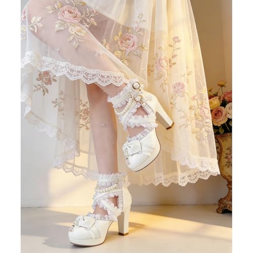 Image of MEOTINA Cute Bow Heels Mary Janes Shoes Women Dress Platform Strappy High Heels Kawaii Shoes
