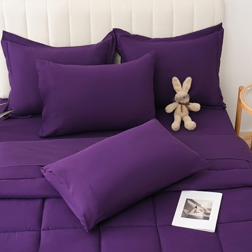 DOWNCOOL Queen Comforter Set, 7Pcs Bedding Sets Queen Dark Purple, All Season Down Alternative Bed in a Bag Queen with Comforter, Flat Sheet, Fitted Sheet, 2 Pillow Shams & 2 Pillowcases