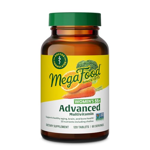 MegaFood Advanced Multivitamin for Women 55+, Womens Multivitamin, Methylated B12, Methyl folate, Choline, Vitamin D3, Biotin, Healthy Aging, Brain & Bone Health, Vegetarian, 120 Tablets (60 Servings)