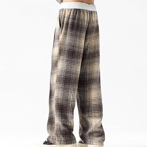 Men's Brushed Warmth Home Pants Woolen Flannel Plaid Long Pant Loose Casual Elastic Waist Touusers with Pockets4