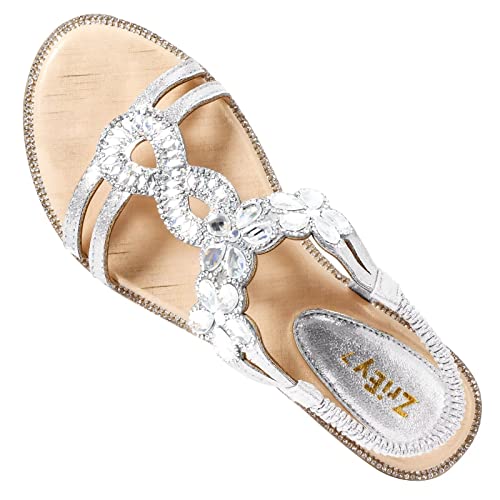 Zriey Women's Open Toe Flat Sandals Beach Sandals Beaded Flower Rhinestone Flat Sandals Low Heels Dress Wedding Party Driving Shopping Travel Shoes Silver Size 5 #TOP3