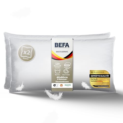 BEFA NATUR Daunenkissen 40x80 cm (2 Stück) | 3-Kammer Kopfkissen | 90% Daunen & 10% Federkissen | je 700g Füllgewicht | Allergiker (NOMITE) |...