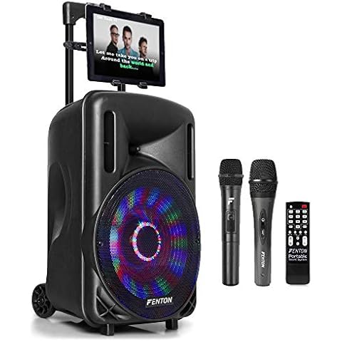 Fenton FT-10LED Portable Karaoke Machine Speaker Set PA System with Bluetooth, 2x Microphones, Disco Light Effect & Tablet Mount - Battery or Mains Powered Cover
