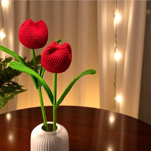 Image of Tulip Crochet Flowers | Handcrafted Artificial Faux Woolen Flower with Long Stem | Natural Looking Knitted Flower for Home, Living Room, Vase & Bouquet Decoration & Gifting | Red- 2 Pcs