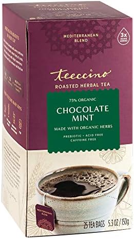 Teeccino Chocolate Mint Herbal Tea - Enjoy Hot or Iced Tea with Cooling Peppermint, Cocoa & Chicory, Prebiotic, Caffeine Free, Acid Free, 25 Tea Bags