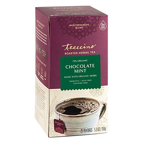 Teeccino Chocolate Mint Herbal Tea - Enjoy Hot or Iced Tea with Cooling Peppermint, Cocoa & Chicory, Prebiotic, Caffeine Free, Acid Free, 25 Tea Bags