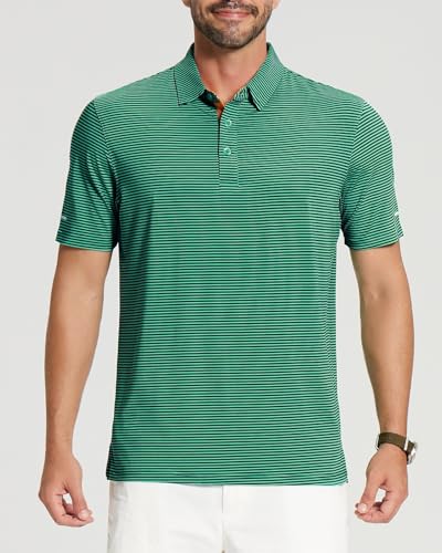 Image of Golf Shirts for Men - Dry Fit Moisture Wicking Short Sleeve Performance Sport Casual Striped Collared Mens Polo Shirt