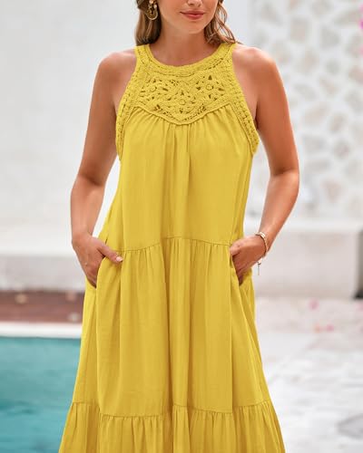 Image of BTFBM Halter Summer Dresses for Women 2026 Casual Spring Hollow Out Sleeveless Boho Sundresses Beach Vacation Maxi Dress