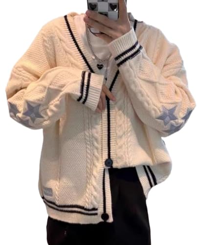 Women's Cardigan Star Embroidery Knit Open Front Cardigan V Neck Long Sleeve Oversized Button Sweater Coat Outwear