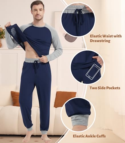 Image of NACHILA Mens Pajamas Set Long Sleeve Henley Sleepwear Top Soft Jogger Pants Pajamas Cool Pjs Set,Viscose Made from Bamboo