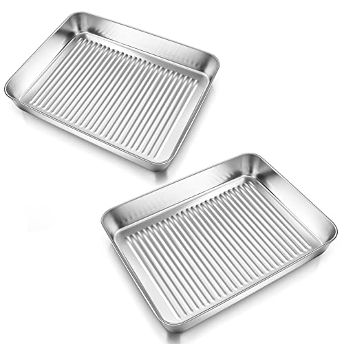 P&P Chef 9.3 Inch Mini Toaster Oven Tray Set Of 2, Stainless Steel Small Baking Toaster Oven Pans Deep Lasagna Pans, Corrugated Bottom & 1.85-Inch Rim, Mirror Finished & Easy Clean #TOP28