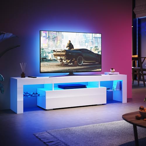 SUNXURY TV Schrank 180cm mit LED Beleuchtung TV Board Weiss Lowboard mit Glasregal Fernsehtisch 180 x 45 x 35 cm (B/H/T)