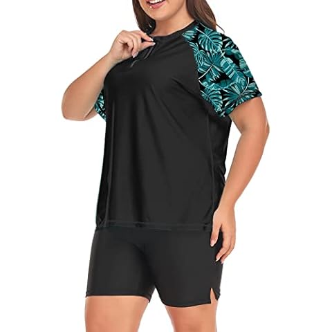 Inno 2-teiliger Rashguard in Übergröße, kurzärmelig mit Boyshorts UPF 50+ Surf-Bademode, 1 x 2 x 3 x 4 x 5 x 6 x, Reißverschluss, grünes Blumenmuster, 3X Cover