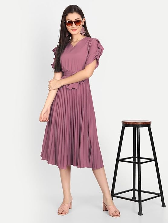 Image of KUDUZO Women's Crepe Mauve Color V Neck Designer Short Sleeve Knee Length Pleated Dress Size S to XL (5H-1D5M-YD5L)
