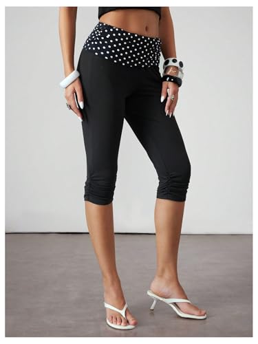 WDIRARA Women's Polka Dots Ruched Skinny Pants Vintage Elastic Waist Capris Pants4