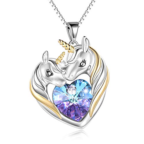 POPKIMI Christmas Gifts for Daughter Sterling Silver Unicorn Necklace Heart Crystal Unicorn Pendant Unicorn Charms Unicorn Gifts Unicorn Jewelry Birthday Gifts for Women Unicorn Lover Girls Friends Sister Birthday Christmas(Purple)