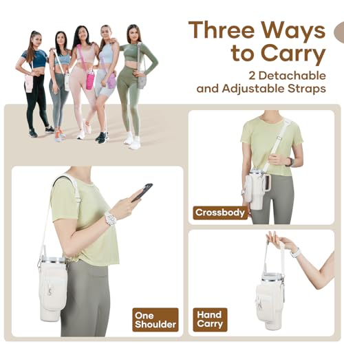 Image of linmaya Water Bottle Carrier Bag with Phone Pocket for Stanley 40 /30 oz Tumbler Neoprene Water Bottle Holder Pouch with 2 Adjustable Strap & 3 Leak Stoppers for Stanley Cup Accessories