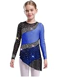 YEAHDOR Maillot Brillante de Baile Latino para Niña Vestido de Patinaje Artístico de Manga Larga Leotardo Gimnasia Maillot con Falda Malla de Danza Ballet 3-16 Años Azul 7-8 años