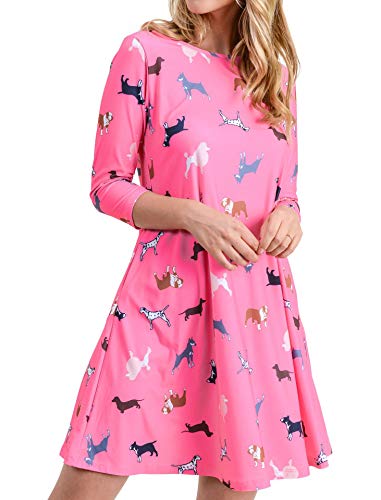 Women's Printed Crew Neck A-Line Dresses With Pockets Casual Tropical Floral Novelty Animal Christmas Patterns (3X-Large, Coral Novelty Dog) #TOP1