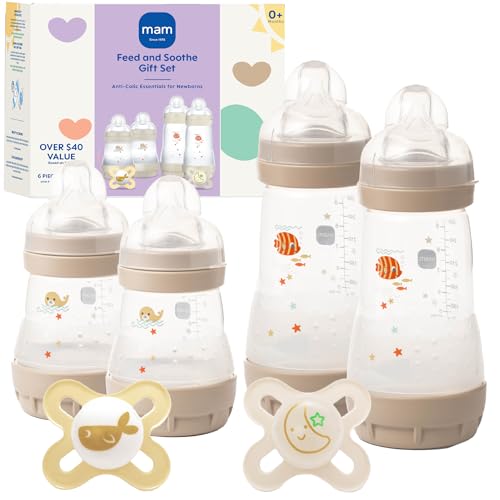 Image of MAM Easy Start Anti-Colic Baby Bottle Starter Set – 4 Self Sterilizing Bottles (5oz & 9oz) + 2 Newborn Pacifiers Breastfed Baby Feeding Gift Set