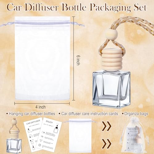 Image of Boao 25 Sets Hanging Car Air Freshener Diffuser Bottles Empty Bulk with Car Diffuser Instruction Cards Organza Bags Glass Refillable Essential Oil Fragrance Aromatherapy Pendant (Flat Square,Clear)
