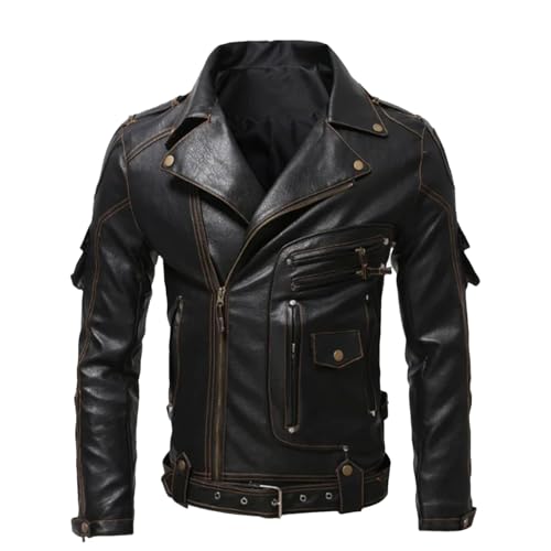 Veste de moto vintage en cuir PU pour hommes avec poches multiples