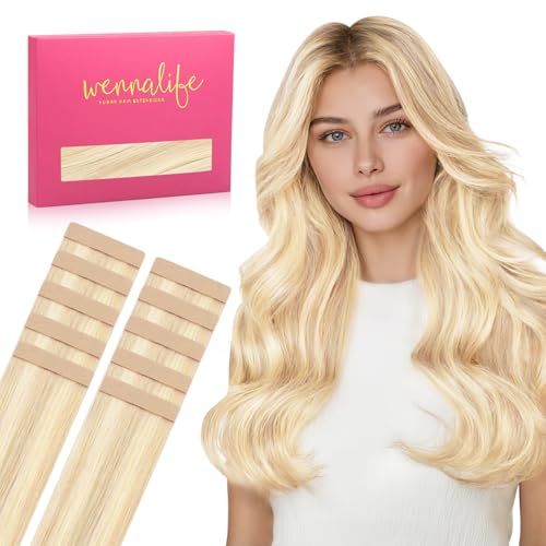 Image of WENNALIFE Tape in Hair Extensions Human Hair Balayage Light Wheat Platinum Blonde Tape in Extensions, 10pcs 25g 16 inch Remy Invisible Tape Ins Straight Colored Soft Real Human Hair Tape in Extensions