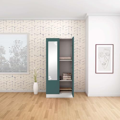 Interio by Godrej Slimline 2-Door Steel Almirah | Cupboard for Clothes, Textured Sea Pine, 1-Year Warranty, 2 Shelves and Star Design Mirror