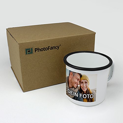 PhotoFancy – Emaille-Tasse mit Foto Bedrucken Lassen – Blechtasse Personalisieren – Nostalgie-Becher selbst gestalten (Medium [300 ml], weiß mit schwarzem Mundrand)