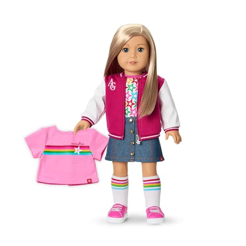 Image of Bundle of American Girl, Truly Me 18-inch Doll #100 with Dark-Blue Eyes, Straight Blonde Hair, Light-to-Medium Skin, for Ages 6+ + Truly Me 18-inch Doll Outfit, Bows & Blooms Outfit, for Ages 6+