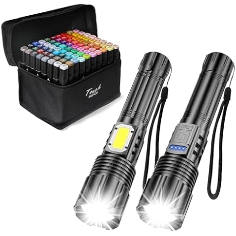TenSine 80 Colors Alcohol Markers and 2 Pack Rechargeable Flashlights 10000 High Lumens Cover