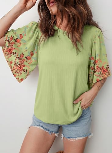 EVALESS 3/4 Length Sleeve Womens Tops Dressy Casual Blouses Cute Bell Sleeve Tops Floral Print Crewneck Patchwork Shirts 2026 Trendy Spring Summer Outfits Beach Vacation Clothes Light Green Small — view 5