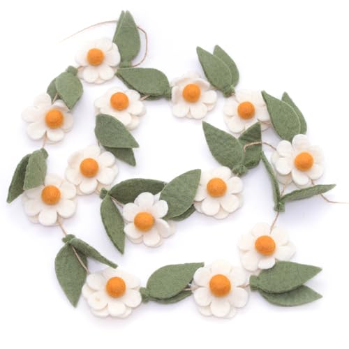 Glaciart One Felt Flower Garland - Fun Party Decorations for Easter, Spring & Birthdays - Home Decor for Living Room, Bedroom, Baby Room - 100% Natural Wool Pom Poms with Cotton String - 9 Ft.