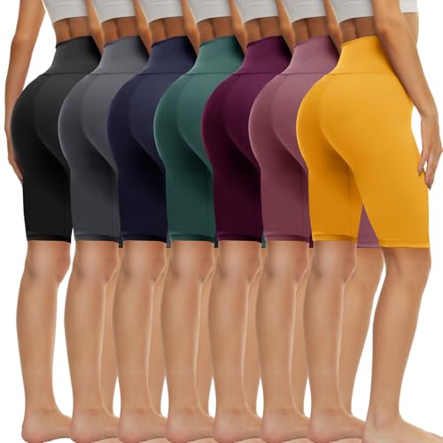 TNNZEET 7 Pack Biker Shorts for Women - 5''/8''/3'' High Waisted Workout Tummy Control Spandex Gym Shorts for Yoga Athletic 8“ Inseam Small-Medium Black/Dark Grey/Navy Blue/Dark Green/Plum P
