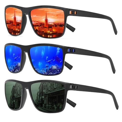 Square Polarized Sunglasses for Men and Women Lightweight Frame Sun Glasses with UV Protection A26 Black/G15+black/Red+black/Dark Blue