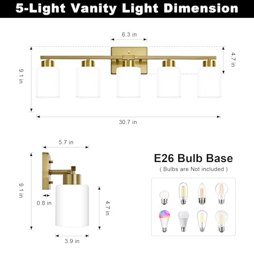 Image of FonmYim Brushed Gold Bathroom Light Fixtures, 5-Light Modern Vanity Light Over Mirror, Wall Sconces with Milky White Frosted Glass Shades, E26 Socket (Bulbs Not Included)