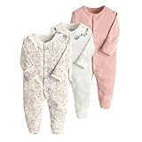 JiAmy Baby Strampler 3er-Pack Neugeborene Baumwolle Langarm Overall mit Füßen Jumpsuit Bekleidung für Baby Junge Mädchen 6-9 Monate Weiß geblümt