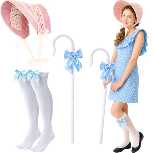Shyyween Halloween Accessory Shepherdess Staff Canes with Blue Bow Tie Victorian Bonnet Colonial Hat Satin Bow Accent Thigh Highs for Women