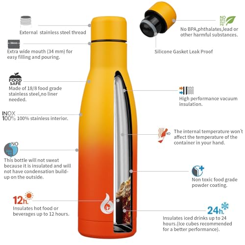 Image of BJPKPK Insulated Water Bottle 17oz Stainless Steel Water Bottles Dishwasher Safe Reusable Metal Thermal Keep Cold and Hot,Sunset Orange
