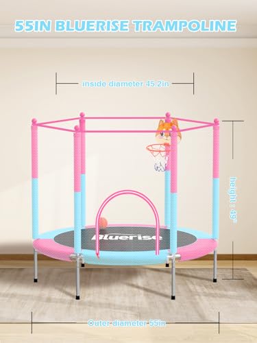 Image of BLUERISE 55IN 6FT Indoor /Outdoor Toddler Trampoline for Kids | Galvanized Steel Pipe,Multiple Activity Accessories,110lb,Safety Enclosure,Basketball Hoop,No-Gap Design,Anti-Rollover Bottom