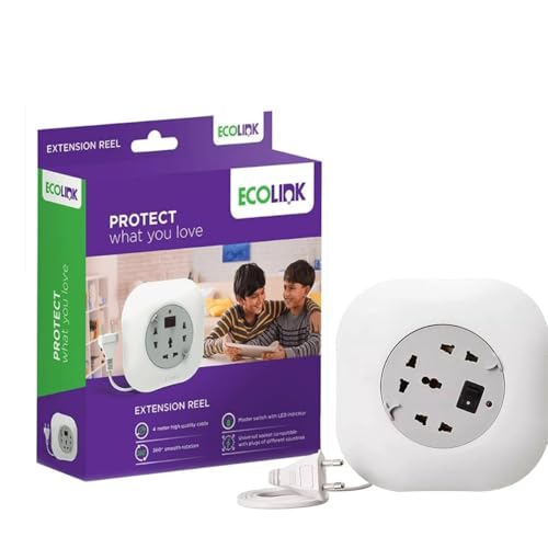 Image of EcoLink Extension Reel 4 Meter | Retractable Cable | Multi-Socket Power Reel | Heavy-Duty Build | Home, Shop & Workshop Use | Pack of 1, White