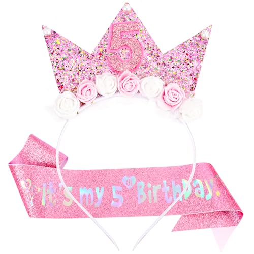 Vovii 5th Birthday Decorations for Girls, Birthday Girl Headband & Glitter Sash Set for 5 Year Old Girl Birthday Decorations, Birthday Flower Princess Crown Headband for Happy 5th Birthday Girl Outfit