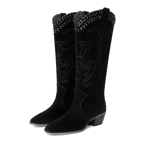 Image of Reitoye Cowboy Boots Women Knee High Cowgirl Embroidered Chunky Heel Boots | Block Chunky Heel,Pointed Toe,Half Side Zipper & Pull Tab,Embroidered Tall Boots,Fall Summer Spring Winter Dress Long Boots