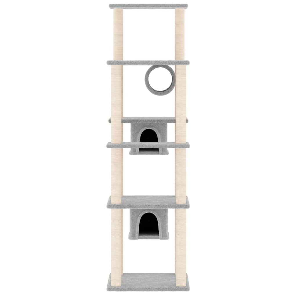 Rascador para gatos con columna rascadora de sisal, gris claro, 169 cm, árbol de escalada con cueva, hamaca, plataforma de descanso y felpa, muebles rascadores para interior salón, cuidado de