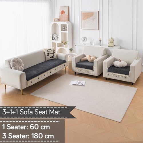 Image of HOKIPO 'Serenity Tassel' Chenille Sofa Cover 5 Seater Set with Tassels - Washable 3+1+1 Sofa Cover Mat | Midnight Graphite (IN-890 * 2 + IN-892 - DGRY)