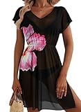 Dokotoo Womens Swimsuit Coverup Swim Cover Up Bathing Suit V Neck Beach Cover Ups for Swimwear Women 2026 Summer Floral Print Sheer Dress Bikini Cruise Vacation Outfits Resort Wear Black Small