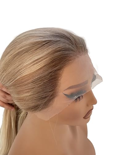 Image of Ash Blonde Highlight Wig Human Hair, Wear and Go Glueless 13x4 Frontal Wig Ombre Colored Balayage Blonde with Brown Lace Front Wigs Human Hair 180% Density Thick Ends Free Part Lace Wigs for Women 22 inch