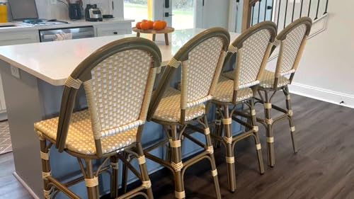 Image of PURPLE LEAF French Bar Stool Set of 4 Bamboo Print Finish Patio Bar Stools with Back Rattan Bar Chairs Wicker Bar Height Stool 30 inch with Footrest Kitchen Island Stools Outdoor Barstool Cream Yellow