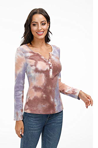 Yidarton Womens Henley Tops Shirts Long Sleeve Casual V Neck Buttons Tie Dye Tops